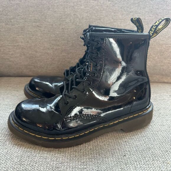 Doc Martens Kids Patent Leather Black Combat Boots Size 3 - Picture 6 of 11